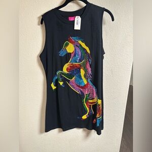 QUEEN OF SPARKLES Black Mini Dress with Colorful Sequin Horse. NWT